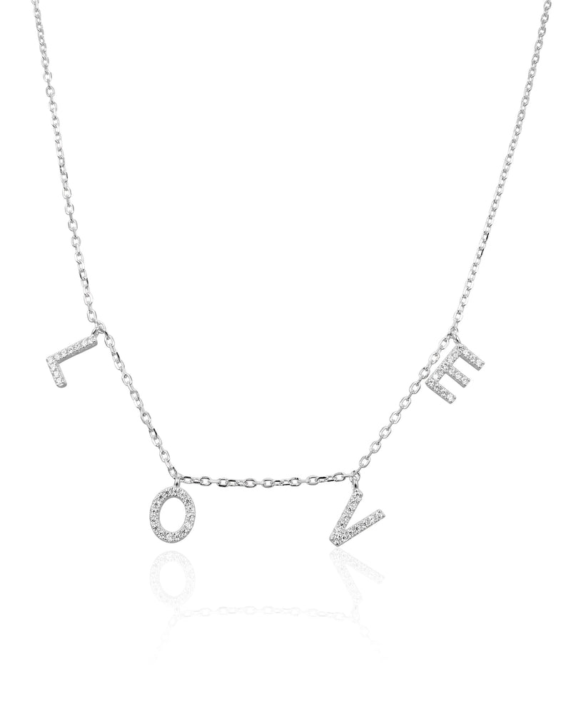 Collier « Love » en argent 925 rhodié, pendentif composé de lettres serties de zirconiums formant le mot LOVE, suspendu à une chaîne fine, finition polie brillante.
