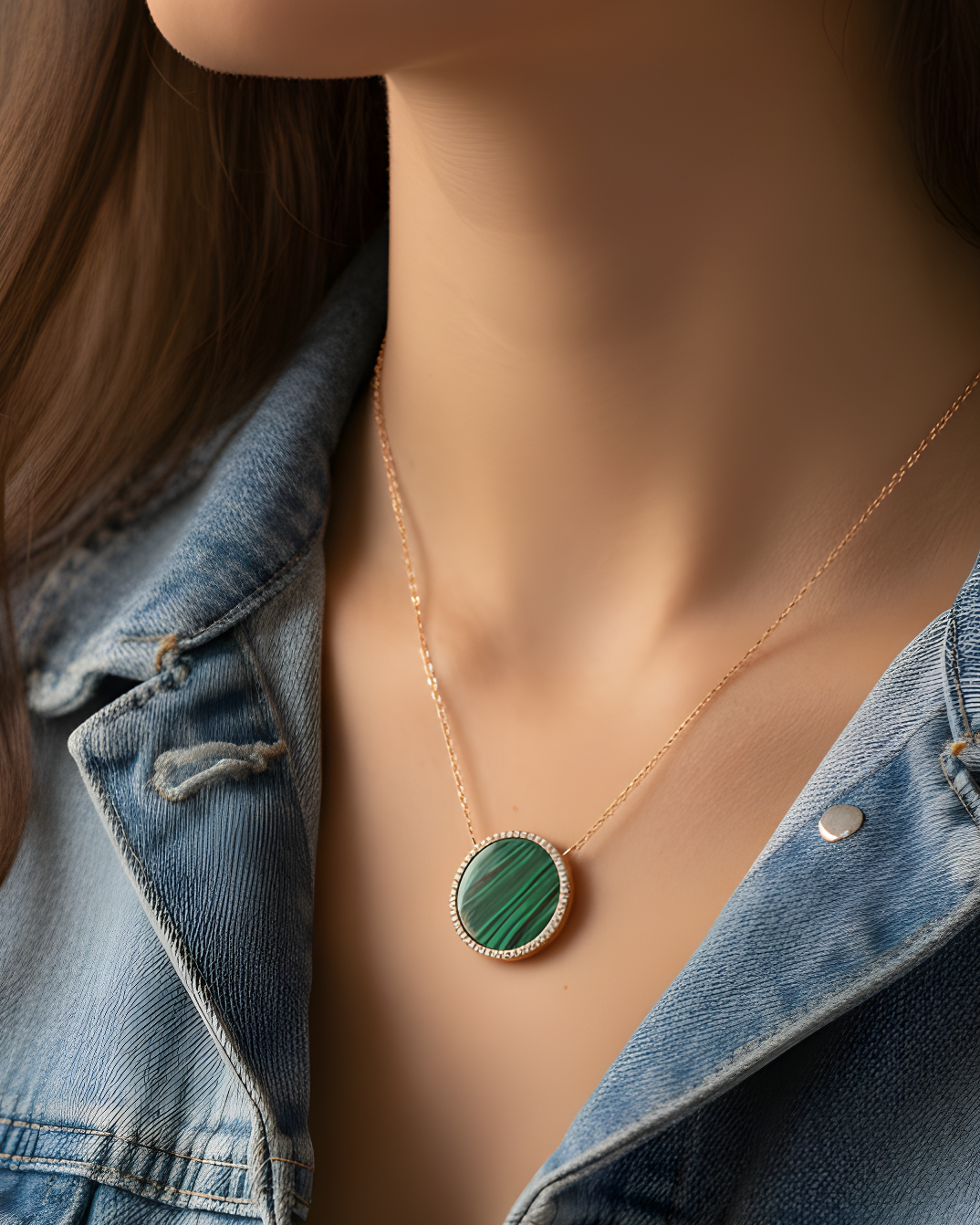 Collier en argent 925 doré à l'or rose 18 carats, orné d’une grosse médaille ronde sertie d’une pierre malachite, finition polie brillante.