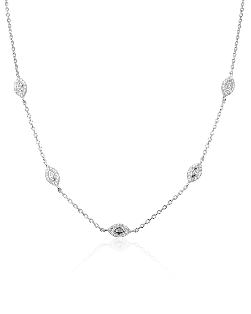 Collier en argent 925 rhodié, succession de marquises pavées de zirconiums, design délicat et étincelant.