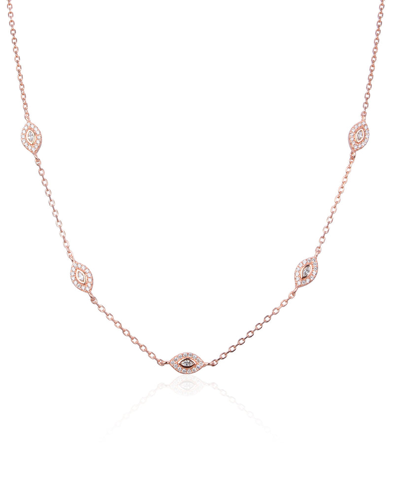 Collier en argent 925 doré à l’or rose, succession de marquises pavées de zirconiums, design délicat et étincelant.