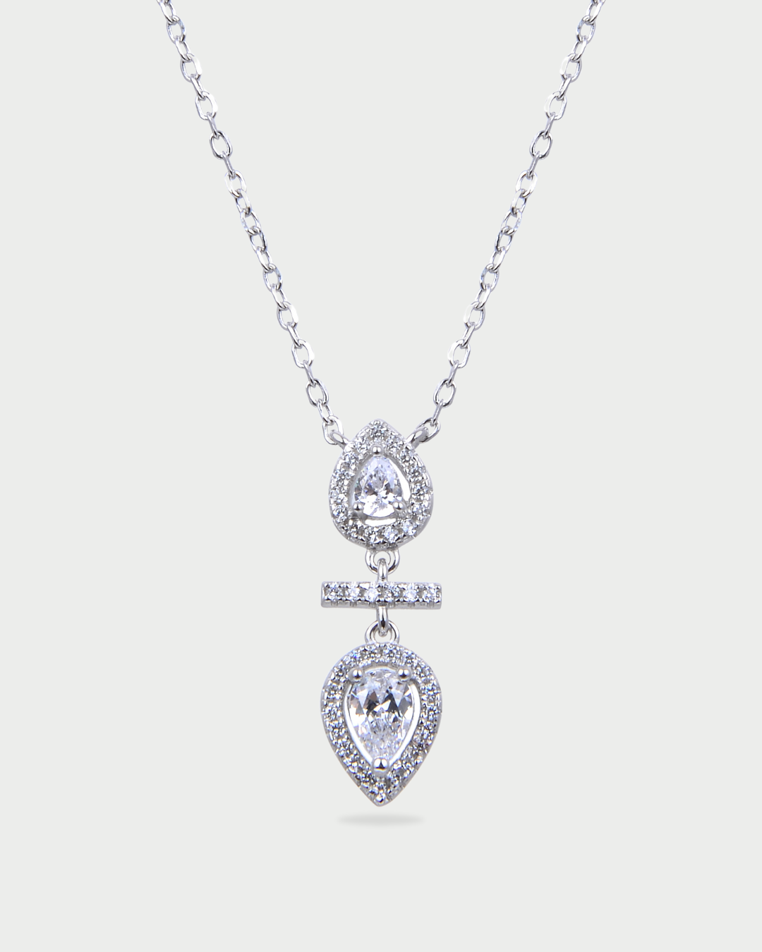 Collier double poire pendante – Argent 925 rhodié & Zirconium