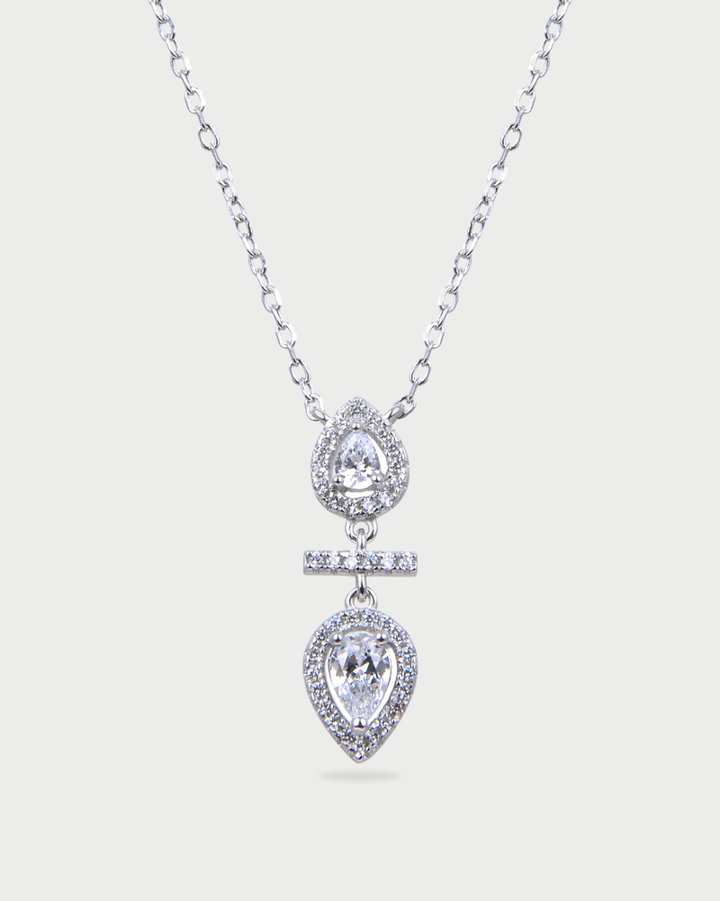 Collier double poire pendante – Argent 925 rhodié & Zirconium
