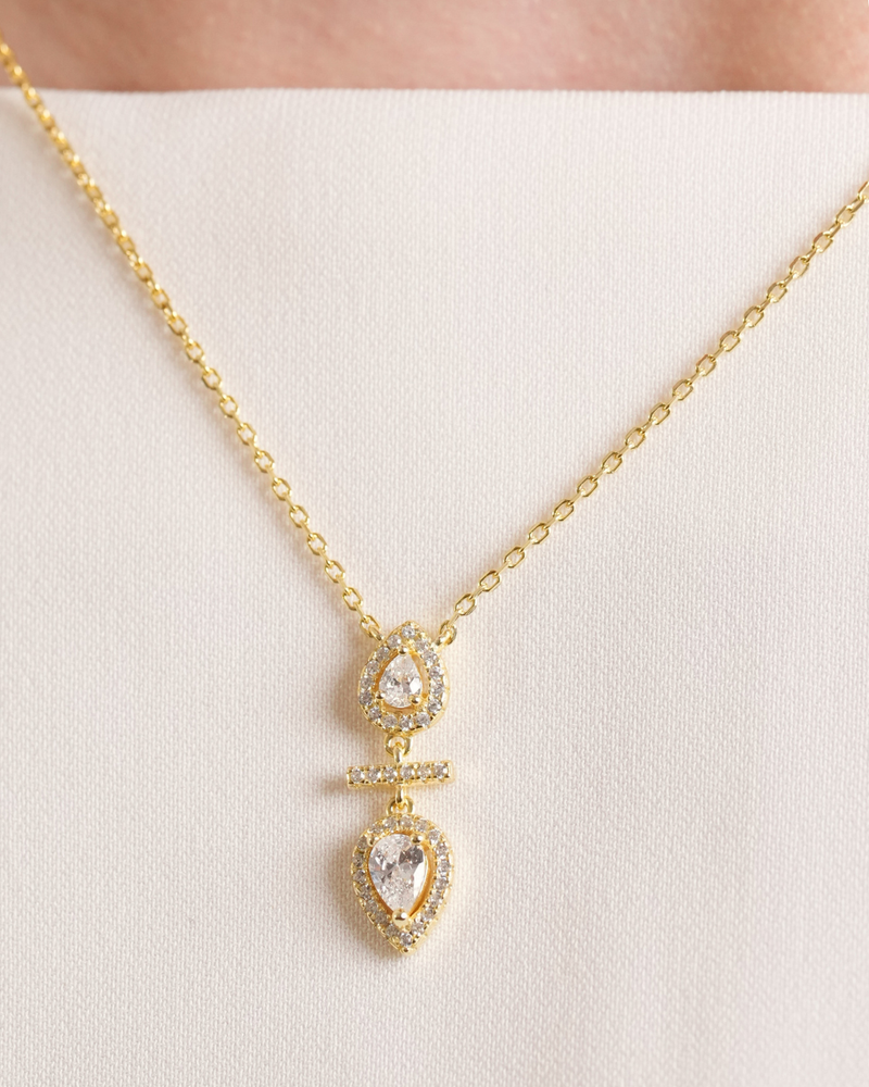 Collier double poire pendante – Argent 925 doré à l'or 18 carats & Zirconium