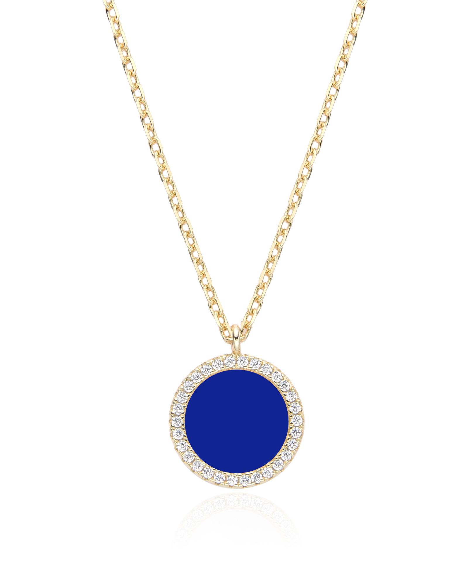 Collier en argent 925 doré à l'or jaune 18 carats, orné d’une petite médaille ronde sertie d’une pierre lapis-lazuli, finition polie brillante.