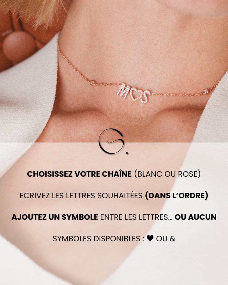 Collier personnalisable en argent 925 rhodié avec chaîne fine et lettres à composer, bijou femme sur mesure.