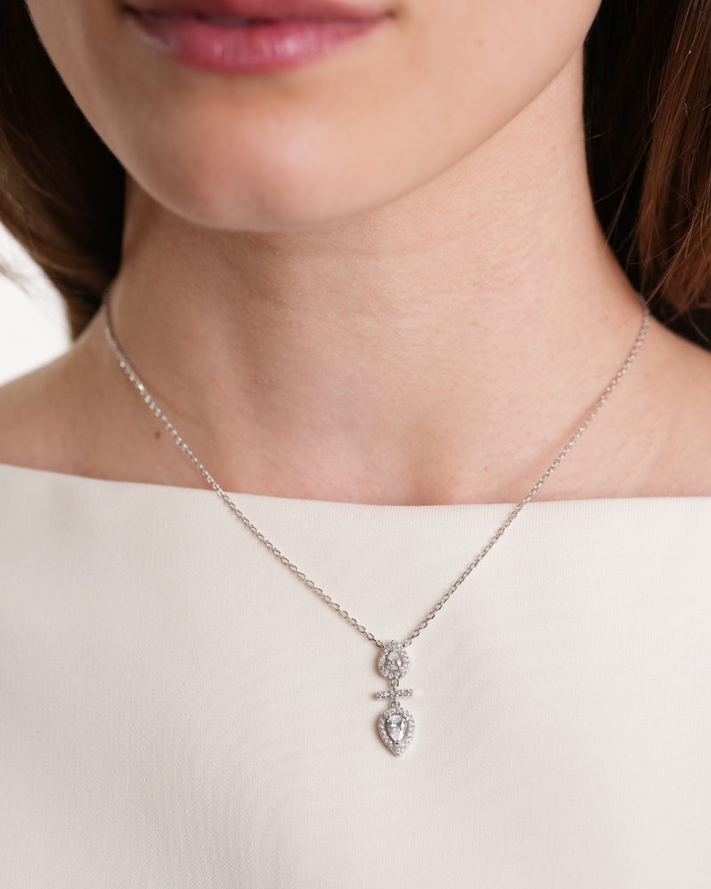 Collier double poire pendante – Argent 925 rhodié & Zirconium