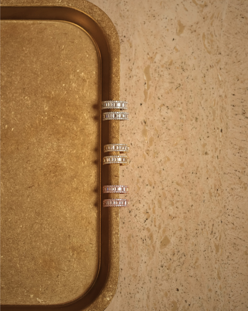 Créoles en argent 925 blanc, doré, rose avec zirconiums baguette et pavage brillant - nature morte