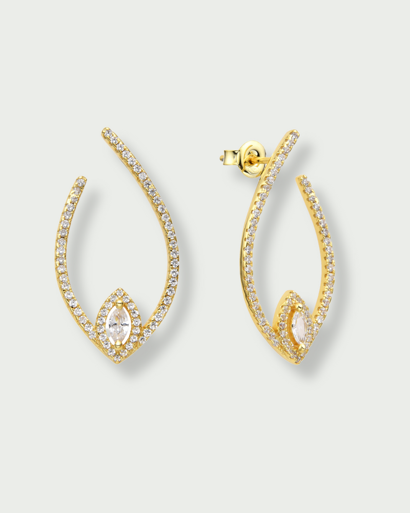 Créoles goutte Fleur de Vie doré GENA Jewelry en argent 925 doré, serties de zircons et ornées d’un motif marquise central.