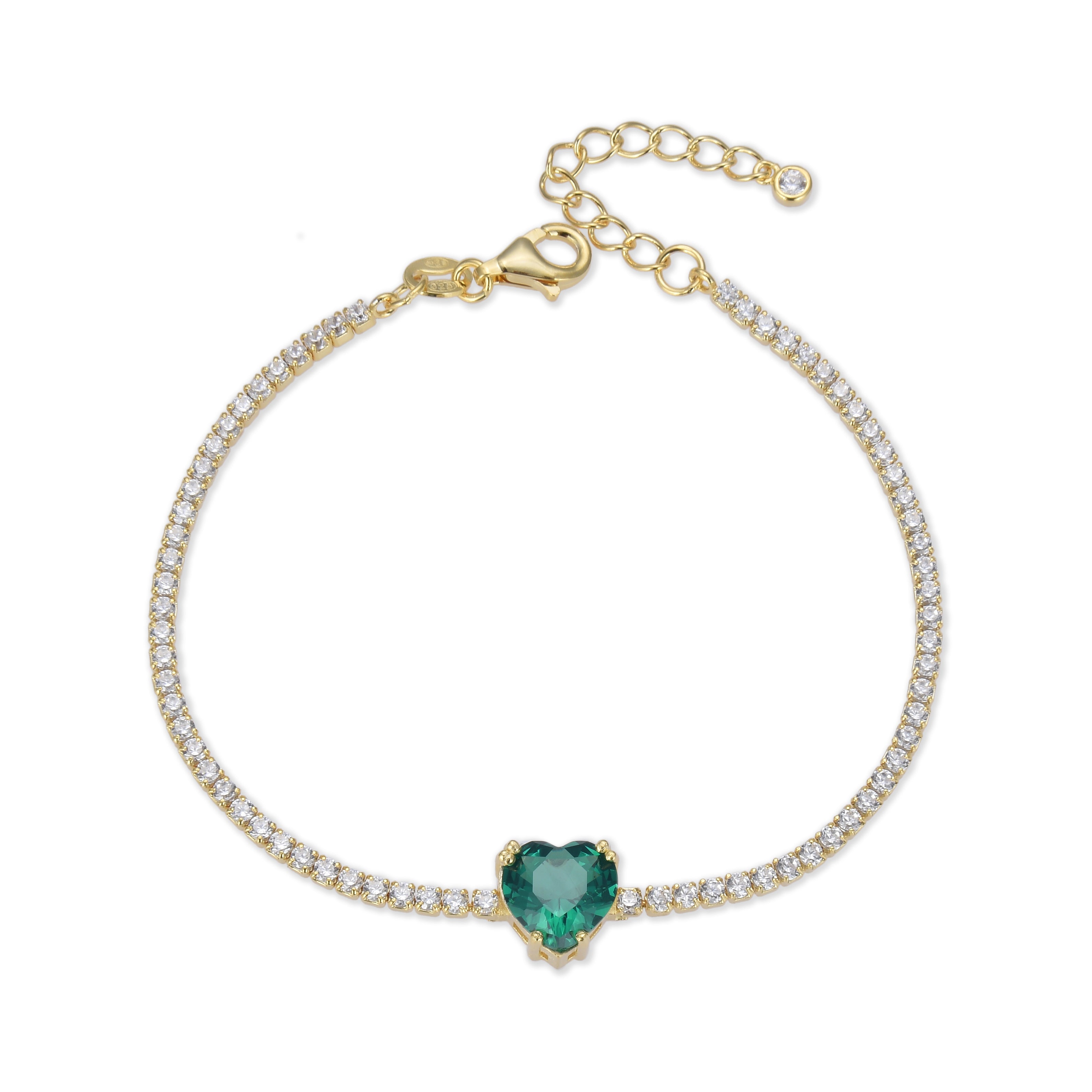 Bracelet tennis cœur vert - DORÉ