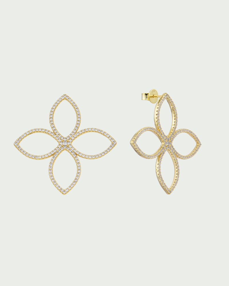 Maxi Créoles Fleur Éternelle doré GENA Jewelry en argent 925 doré, ornées d’un motif floral à quatre pétales serti de zircons.