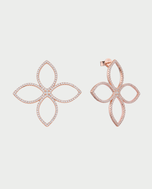 Maxi Créoles Fleur Éternelle rose GENA Jewelry en argent 925 doré à l’or rose, ornées d’un motif floral à quatre pétales serti de zircons.