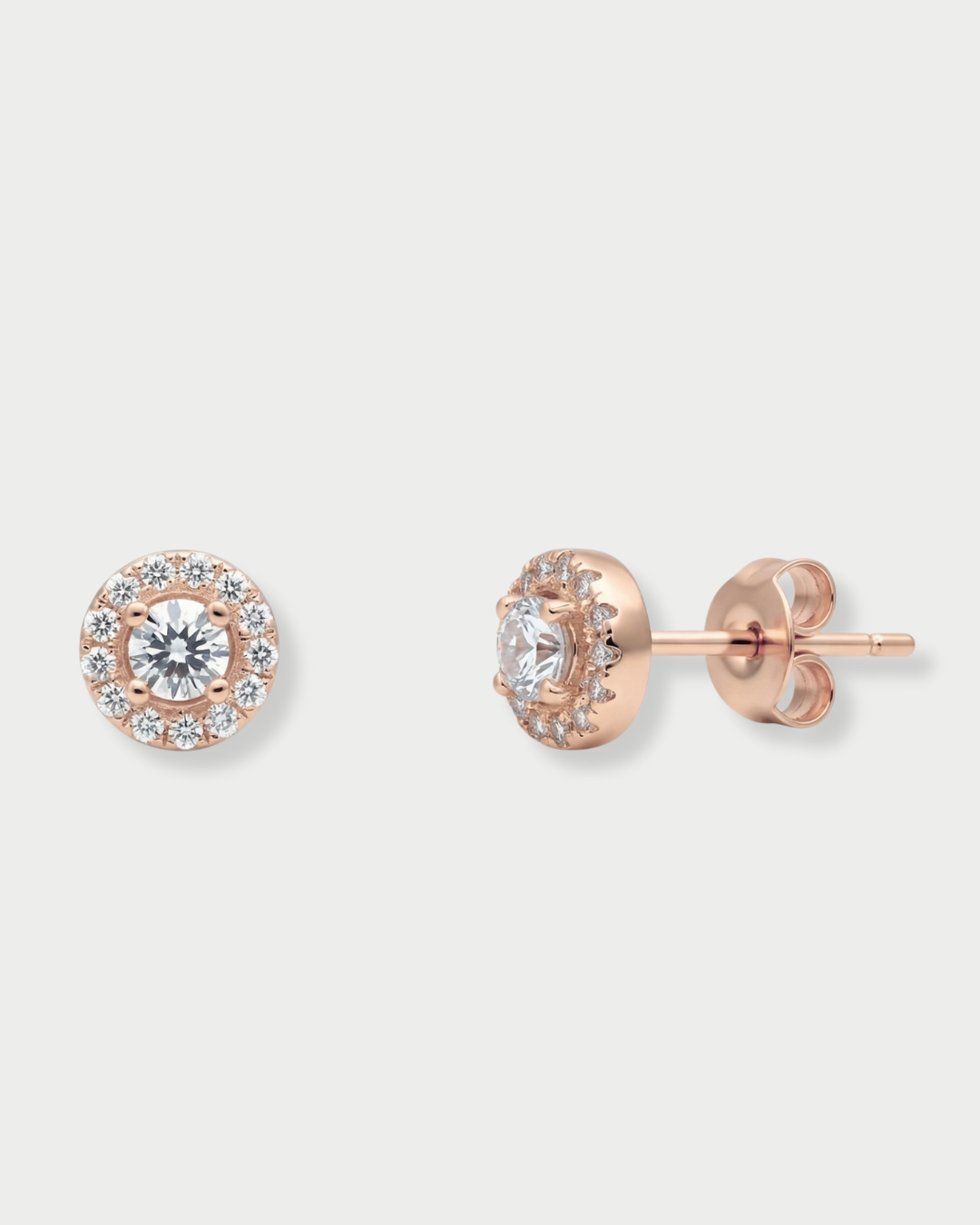 Puces rondes pavées en argent 925 doré or rose 18 carats avec zirconium central et entourage pavé, diamètre 4 mm.