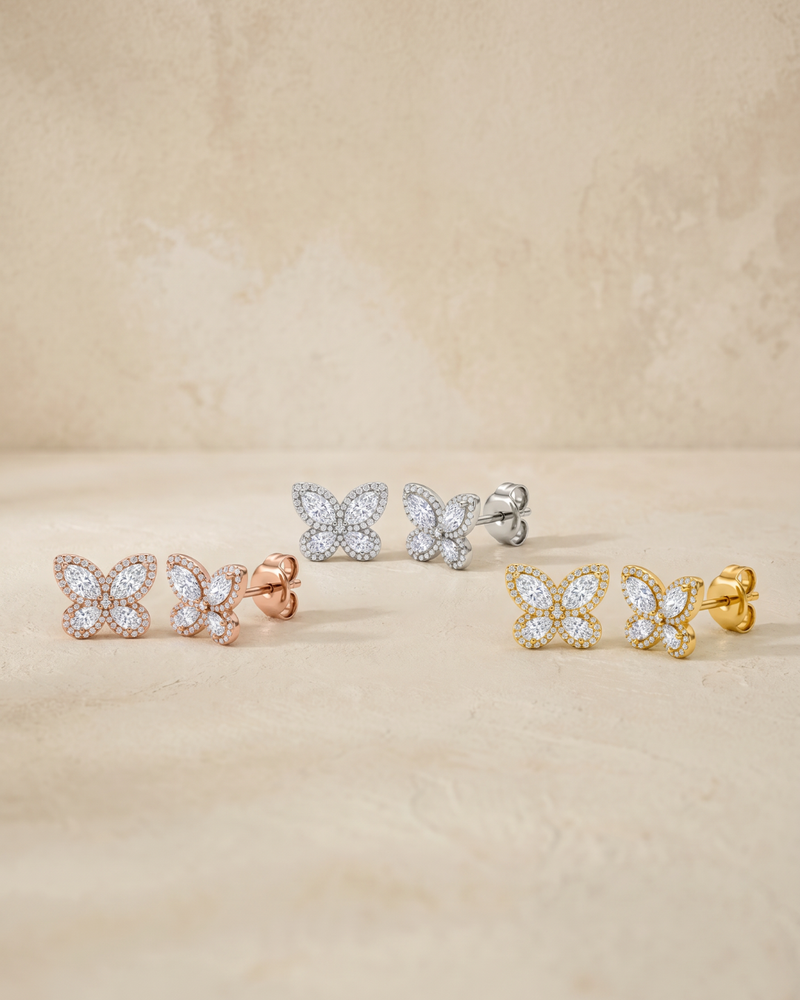 Puces Papillon 3 couleurs – Argent 925 rhodié, doré à l'or doré ou rose 18 carats & Zirconium