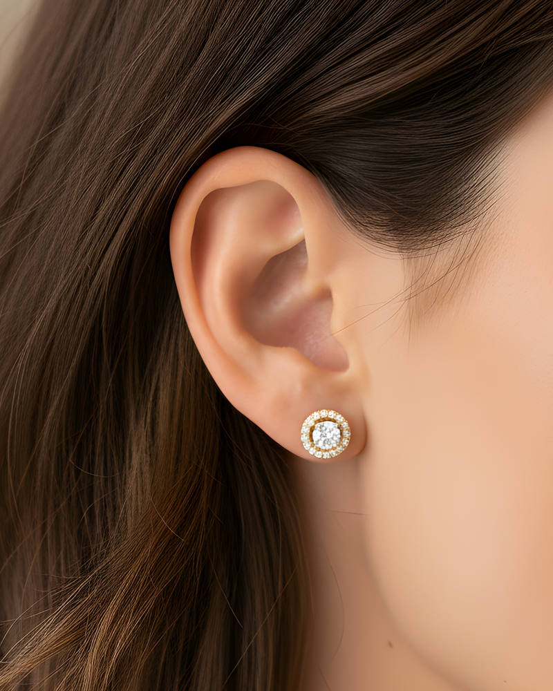 Puces rondes pavées – Argent 925 doré à l'or 18 carats & Zirconium porté