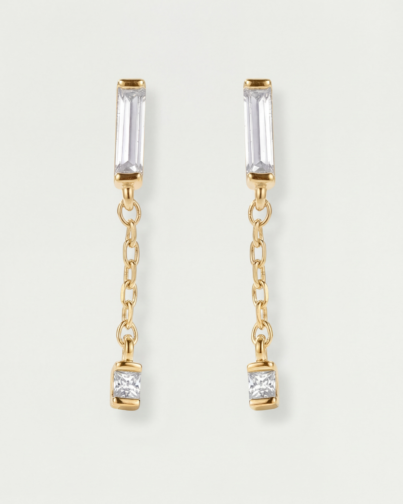 Boucles en argent 925 doré à l'or 18 carats avec zircon baguette, chaîne fine et pierre carrée pendante.