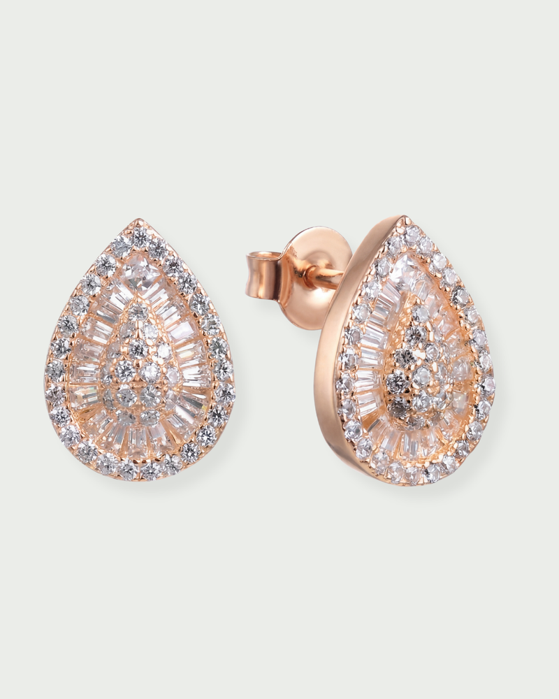 Puces d’oreilles poire argent 925 doré à l’or 18 carats rose pavées zirconium baguettes.