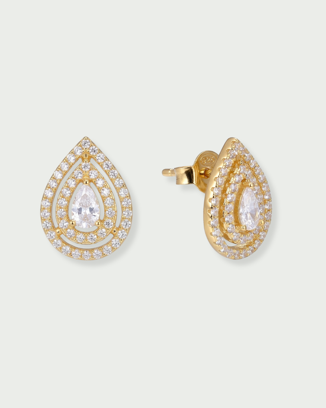 Boucles d’oreilles puces forme poire – Argent 925 rhodié doré a l'or 18 carats & zirconium