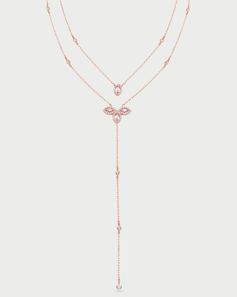 Sautoir double rang en argent 925 doré à l’or rose 18 carats avec pendentifs Fleur de Vie pavés de zirconium blanc, collier long élégant et lumineux pour femme.