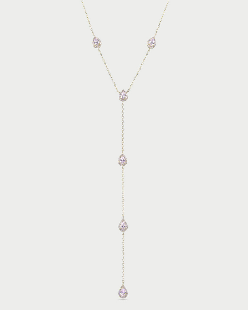 Collier « Sautoir Infini Poire » en argent 925 doré à l’or jaune 18 carats, chaîne ajustable 38‑43 cm avec chute verticale d’environ 12 cm, ornée de zircons blancs taille poire sertis façon halo, finition polie brillante.