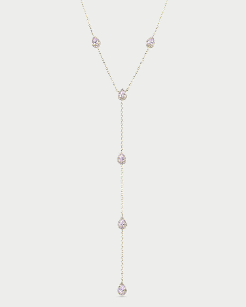 Collier « Sautoir Infini Poire » en argent 925 doré à l’or jaune 18 carats, chaîne ajustable 38‑43 cm avec chute verticale d’environ 12 cm, ornée de zircons blancs taille poire sertis façon halo, finition polie brillante.