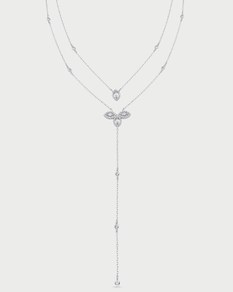 Sautoir double rang en argent 925 rhodié avec pendentifs Fleur de Vie pavés de zirconium blanc, collier long élégant et lumineux pour femme.