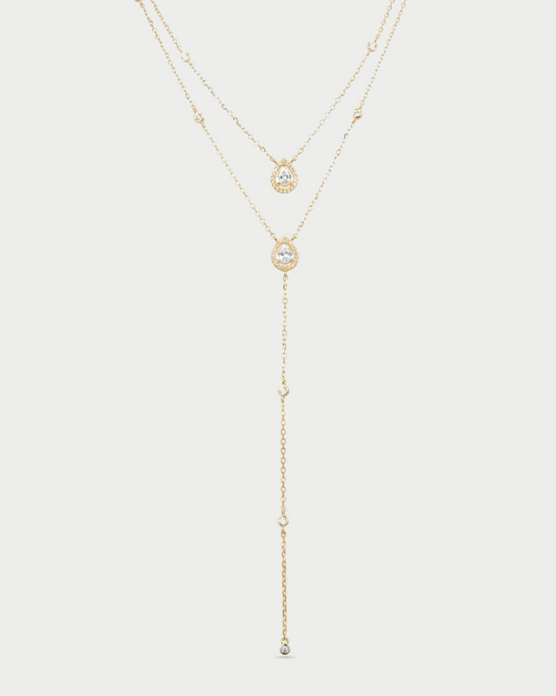 Sautoir « Double Infini Poire » en argent 925 doré à l’or jaune 18 carats, double rang dont un choker orné de pierres en zirconium taille poire, finition polie brillante.