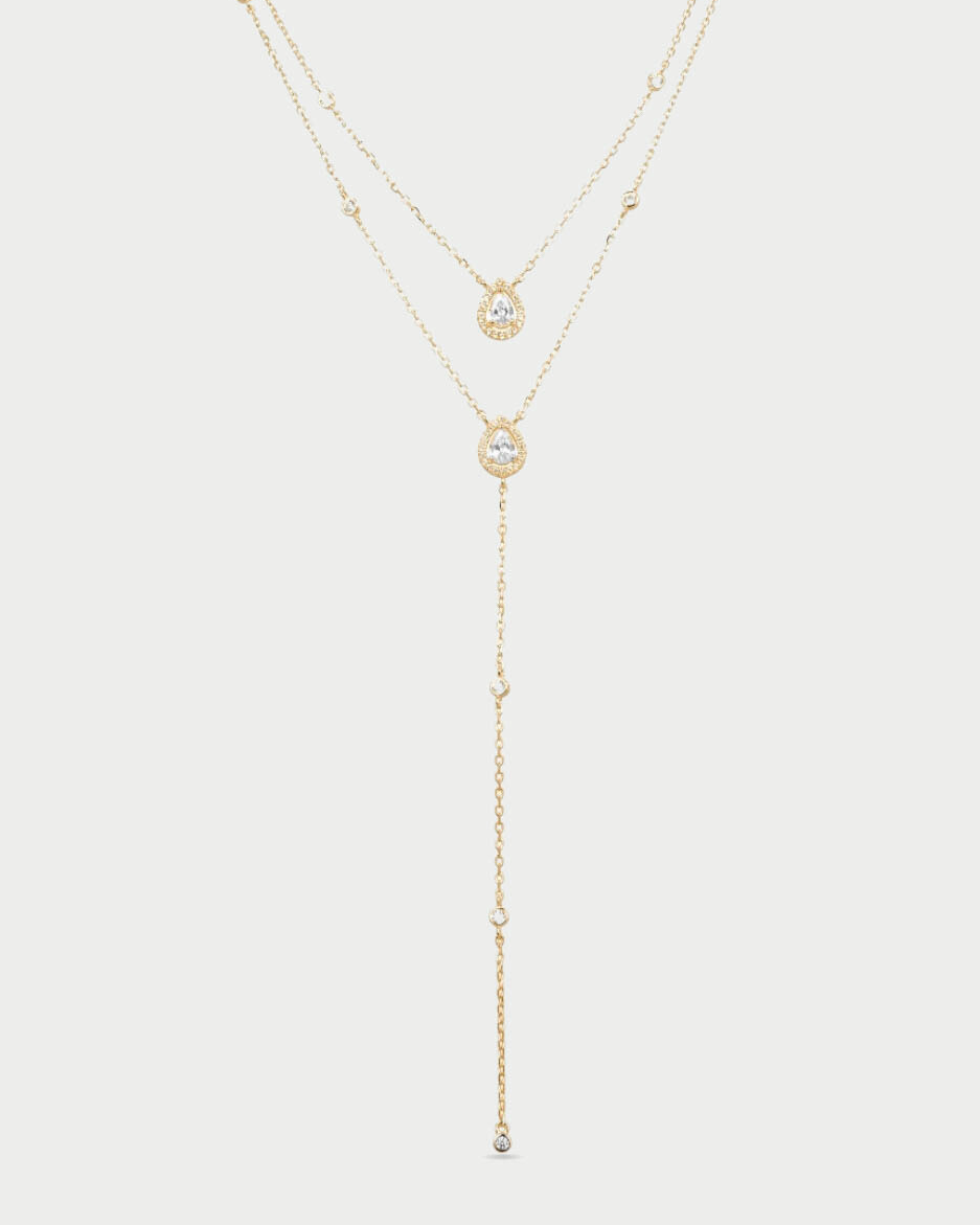 Sautoir « Double Infini Poire » en argent 925 doré à l’or jaune 18 carats, double rang dont un choker orné de pierres en zirconium taille poire, finition polie brillante.