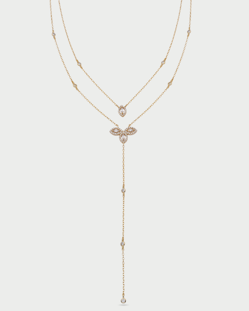 Sautoir double rang en argent 925 doré à l’or 18 carats avec pendentifs Fleur de Vie pavés de zirconium blanc, collier long élégant et lumineux pour femme.
