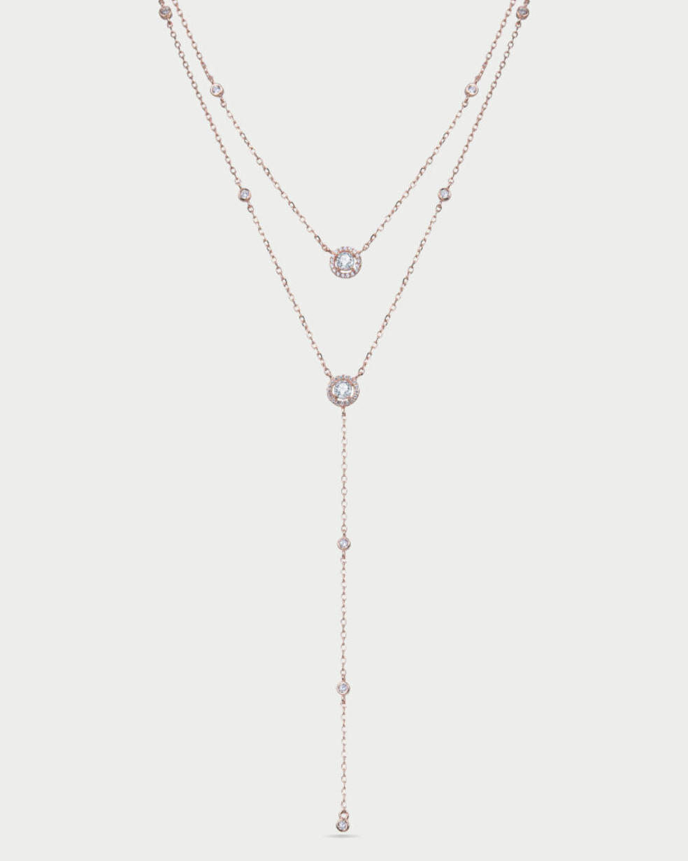 Collier double rang en argent 925 doré or rose 18 carats avec motifs ronds pavés et pampille centrale sertie de zircons.