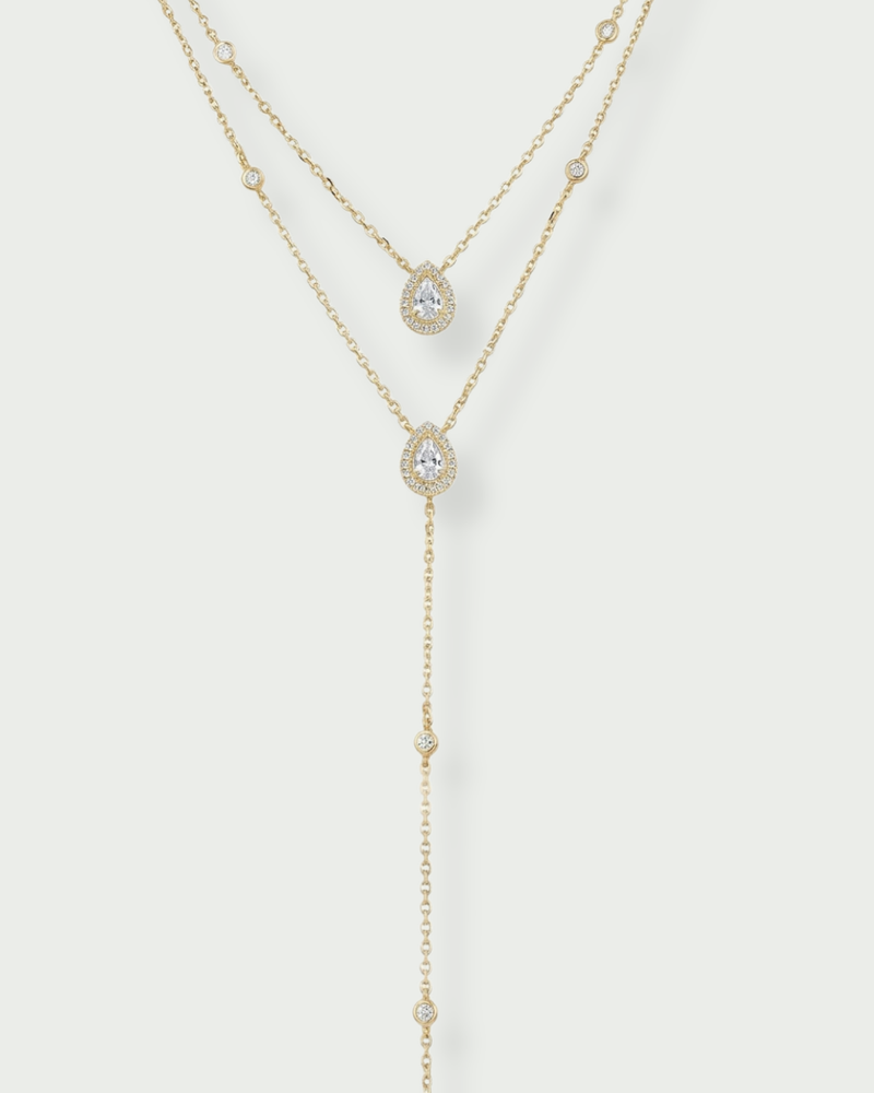 Sautoir « Double Infini Poire » en argent 925 doré à l’or jaune 18 carats, double rang dont un choker orné de pierres en zirconium taille poire, finition polie brillante.
