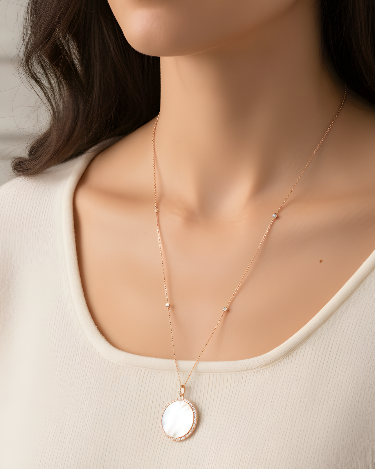 Sautoir médaille nacre - ROSE