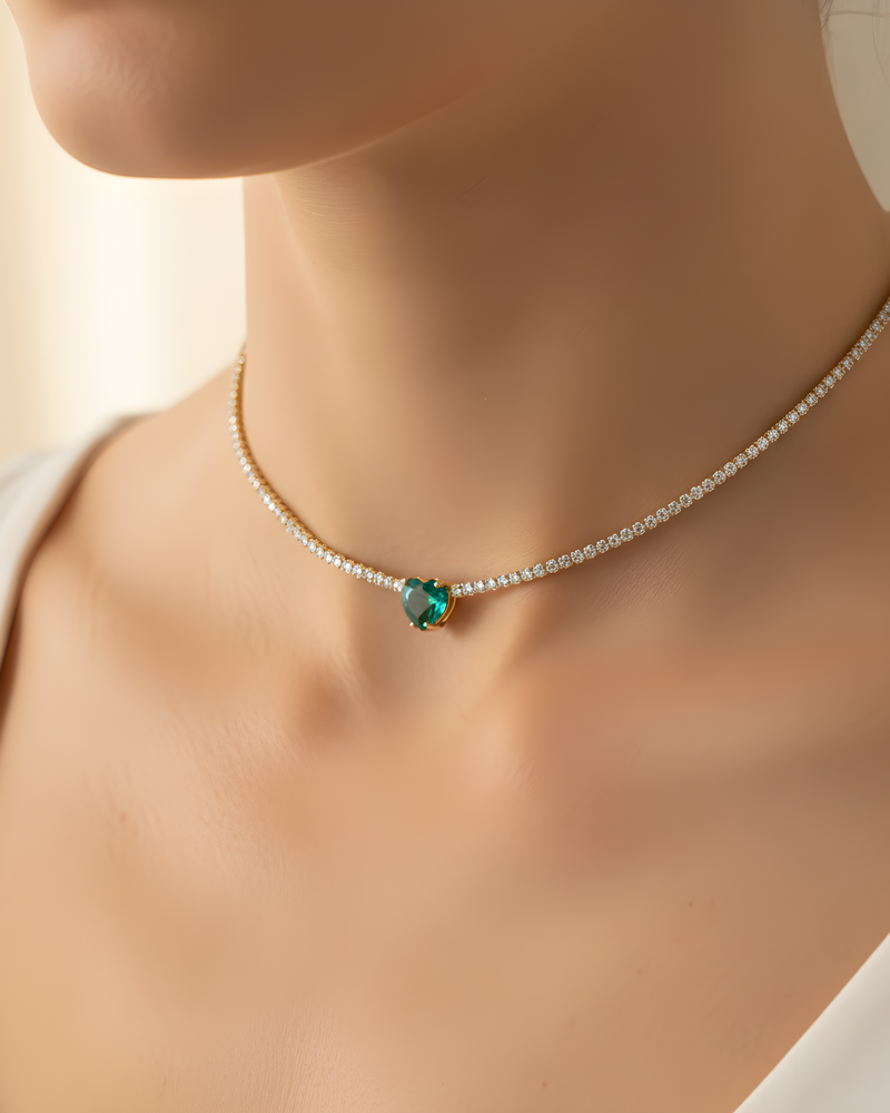 Choker tennis cœur vert - DORÉ