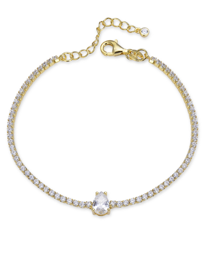 Bracelet « Tennis Éclat » en argent 925 doré à l'or jaune, rangée continue de pierres blanches sublimée par une poire en zirconiums.