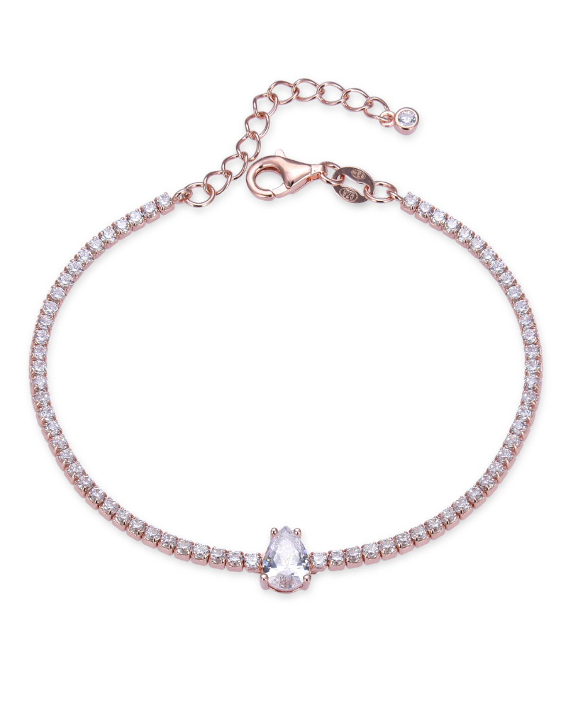Bracelet « Tennis Éclat » en argent 925 doré à l'or rose, rangée continue de pierres blanches sublimée par une poire en zirconiums.