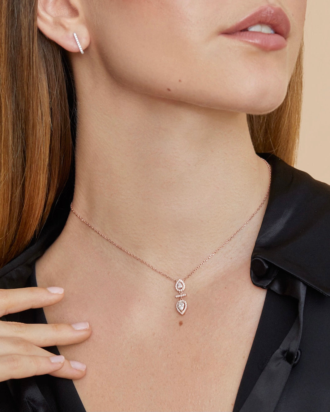 Collier double poire pendante – Argent 925 rhodié & Zirconium