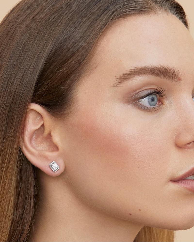 Puces d’oreilles duo formes émeraude et poire – Argent 925 rhodié & zirconiums - côté émeraude